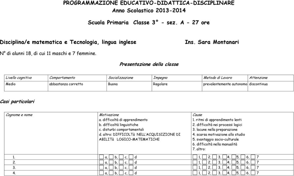 Presentazine della classe Livell cgnitiv Cmprtament Scializzazine Impegn Metd di Lavr Attenzine Medi abbastanza crrett Buna Reglare prevalentemente autnm discntinua Casi particlari Cgnme e nme