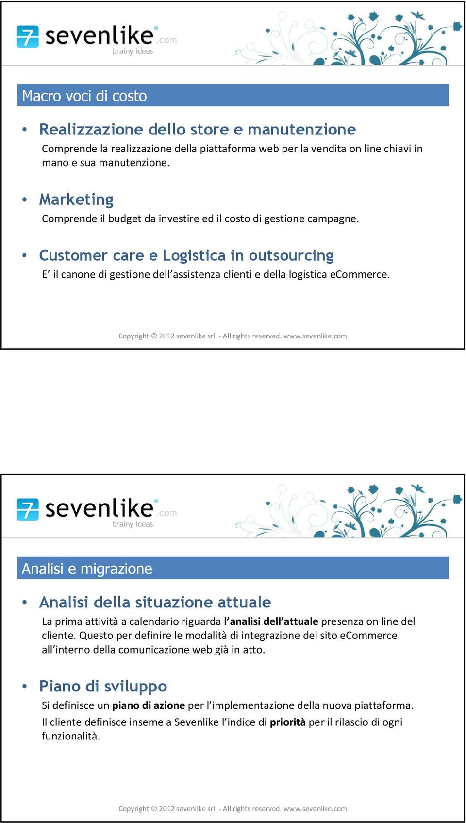 Copyright 2012 sevenlike srl. - All rights reserved. www.sevenlike.com Analisi e migrazione Analisi della situazione attuale La prima attivitàa calendario riguarda l analisi dell attualepresenza on linedel cliente.