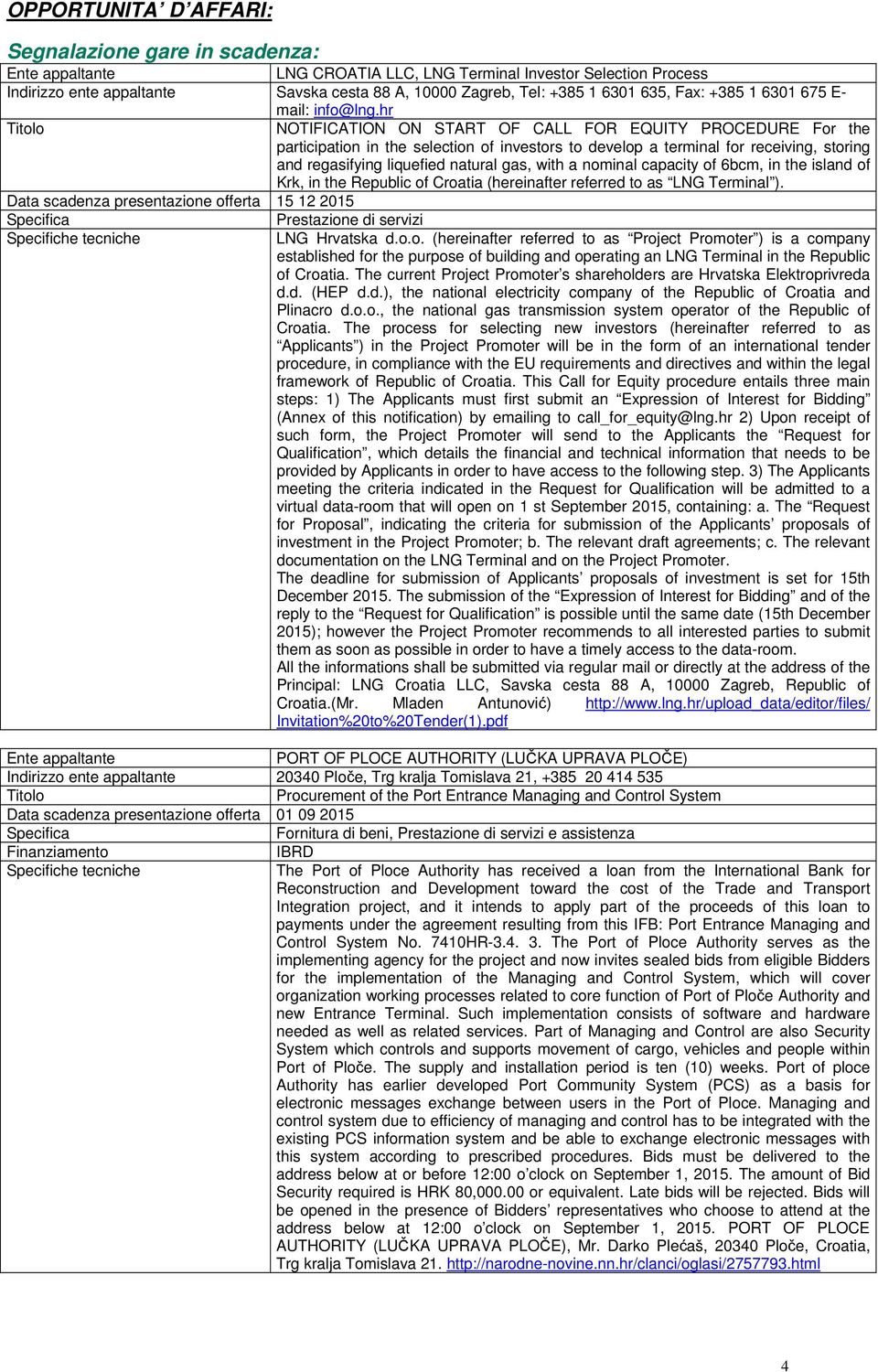 hr NOTIFICATION ON START OF CALL FOR EQUITY PROCEDURE For the participation in the selection of investors to develop a terminal for receiving, storing and regasifying liquefied natural gas, with a