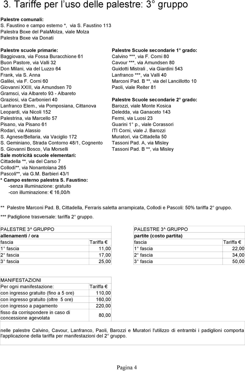 Corni 80 Buon Pastore, via Valli 32 Cavour ***, via Amundsen 80 Don Milani, via del Luzzo 64 Guidotti Mistrali, via Giardini 543 Frank, via S. Anna Lanfranco ***, via Valli 40 Galilei, via F.