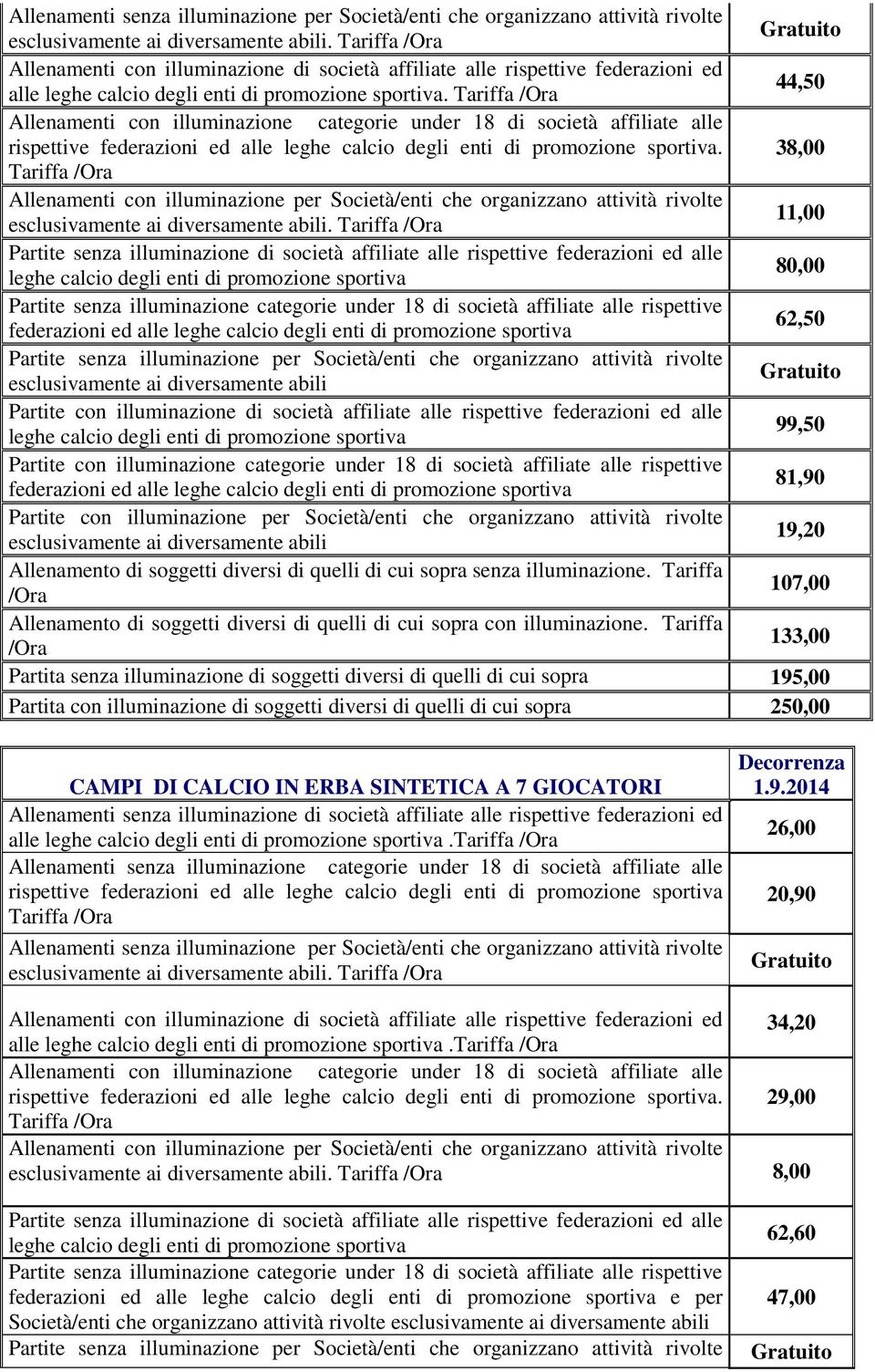 44,50 rispettive federazioni ed alle leghe calcio degli enti di promozione sportiva. 38,00 Allenamenti con illuminazione per Società/enti che organizzano attività rivolte.