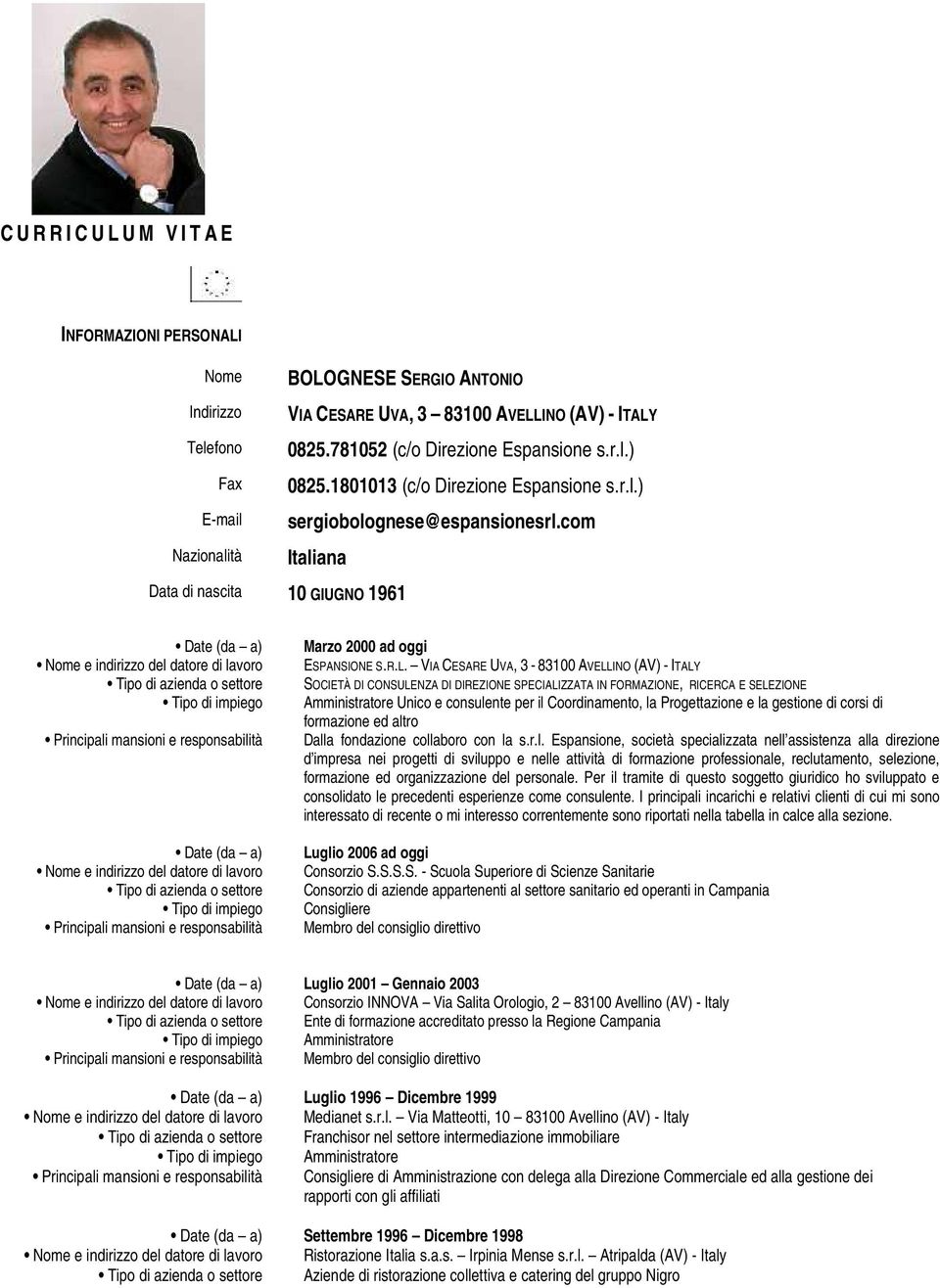 com Italiana Date (da a) Nome e indirizzo del datore di lavoro Tipo di azienda o settore Tipo di impiego Principali mansioni e responsabilità Date (da a) Nome e indirizzo del datore di lavoro Tipo di