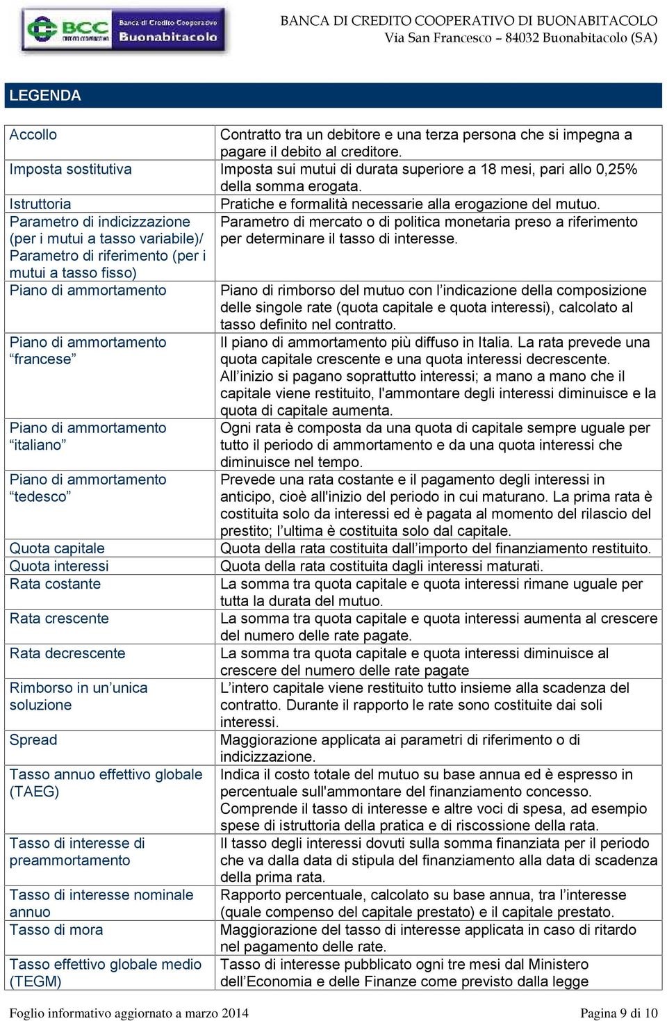 Istruttoria Parametro di indicizzazione (per i mutui a tasso variabile)/ Parametro di riferimento (per i mutui a tasso fisso) Piano di ammortamento Piano di ammortamento francese Piano di