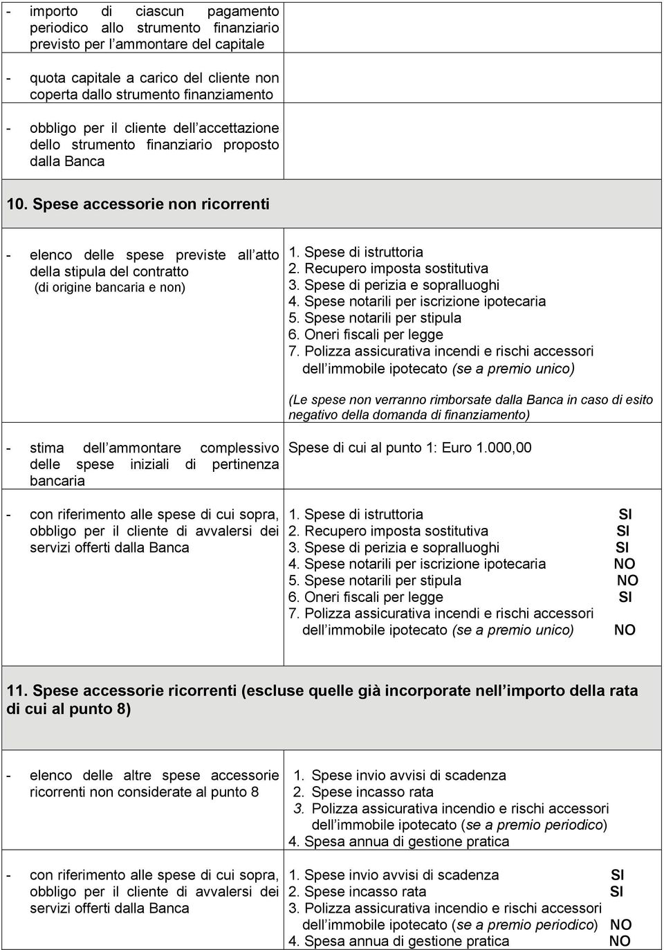 Spese accessorie non ricorrenti - elenco delle spese previste all atto della stipula del contratto (di origine bancaria e non) 1. Spese di istruttoria 2. Recupero imposta sostitutiva 3.