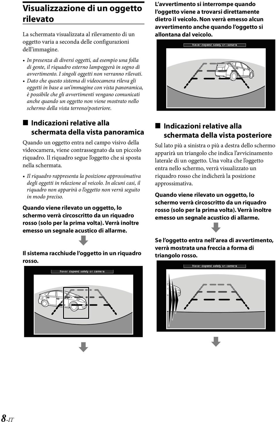 Dato che questo sistema di videocamera rileva gli oggetti in base a un immagine con vista panoramica, è possibile che gli avvertimenti vengano comunicati anche quando un oggetto non viene mostrato