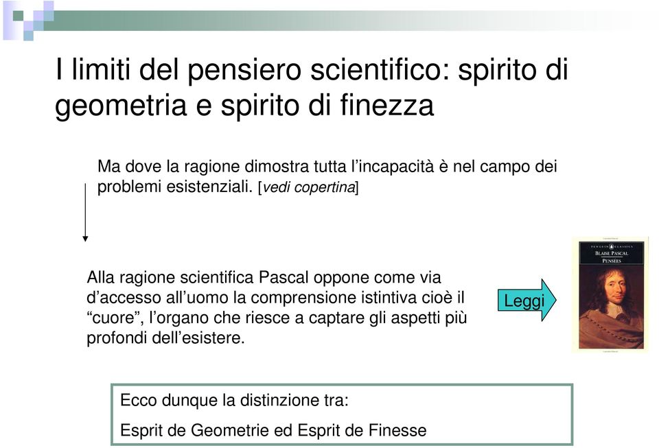 [vedi copertina] Alla ragione scientifica Pascal oppone come via d accesso all uomo la comprensione