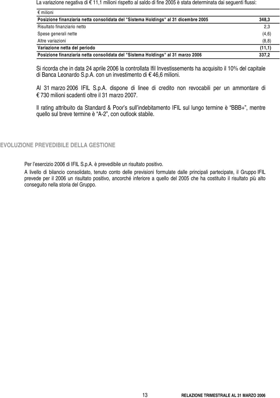 marzo 2006 337,2 Si ricorda che in data 24 aprile 2006 la controllata Ifil Investissements ha acquisito il 10% del capitale di Banca Leonardo S.p.A. con un investimento di 46,6 milioni.