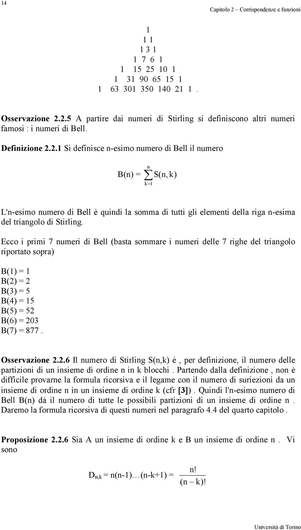 Ecco i primi 7 numeri di Bell (basta sommare i numeri delle 7 righe del triangolo riportato sopra) B() = B() = B(3) = 5 B(4) = 5 B(5) = 5 B(6) = 03 B(7) = 877. Osservazione.