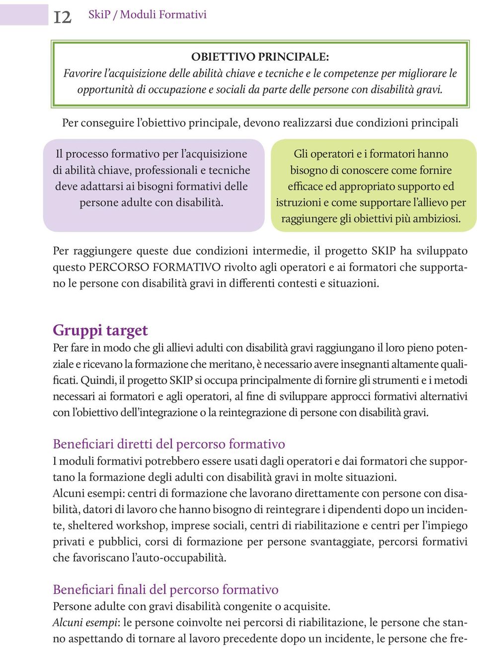 Per conseguire l obiettivo principale, devono realizzarsi due condizioni principali Il processo formativo per l acquisizione di abilità chiave, professionali e tecniche deve adattarsi ai bisogni