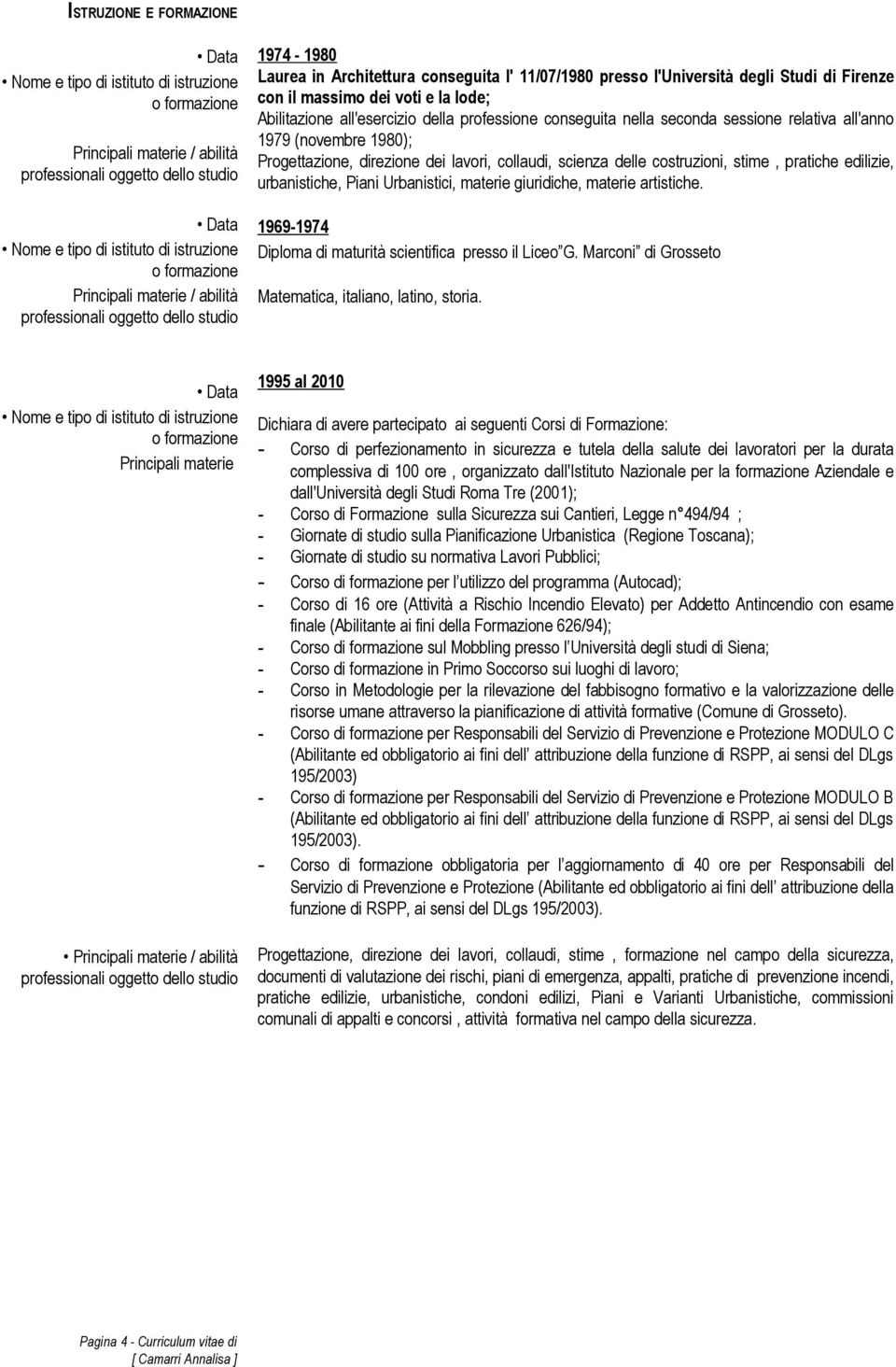 costruzioni, stime, pratiche edilizie, urbanistiche, Piani Urbanistici, materie giuridiche, materie artistiche. 1969-1974 Diploma di maturità scientifica presso il Liceo G.