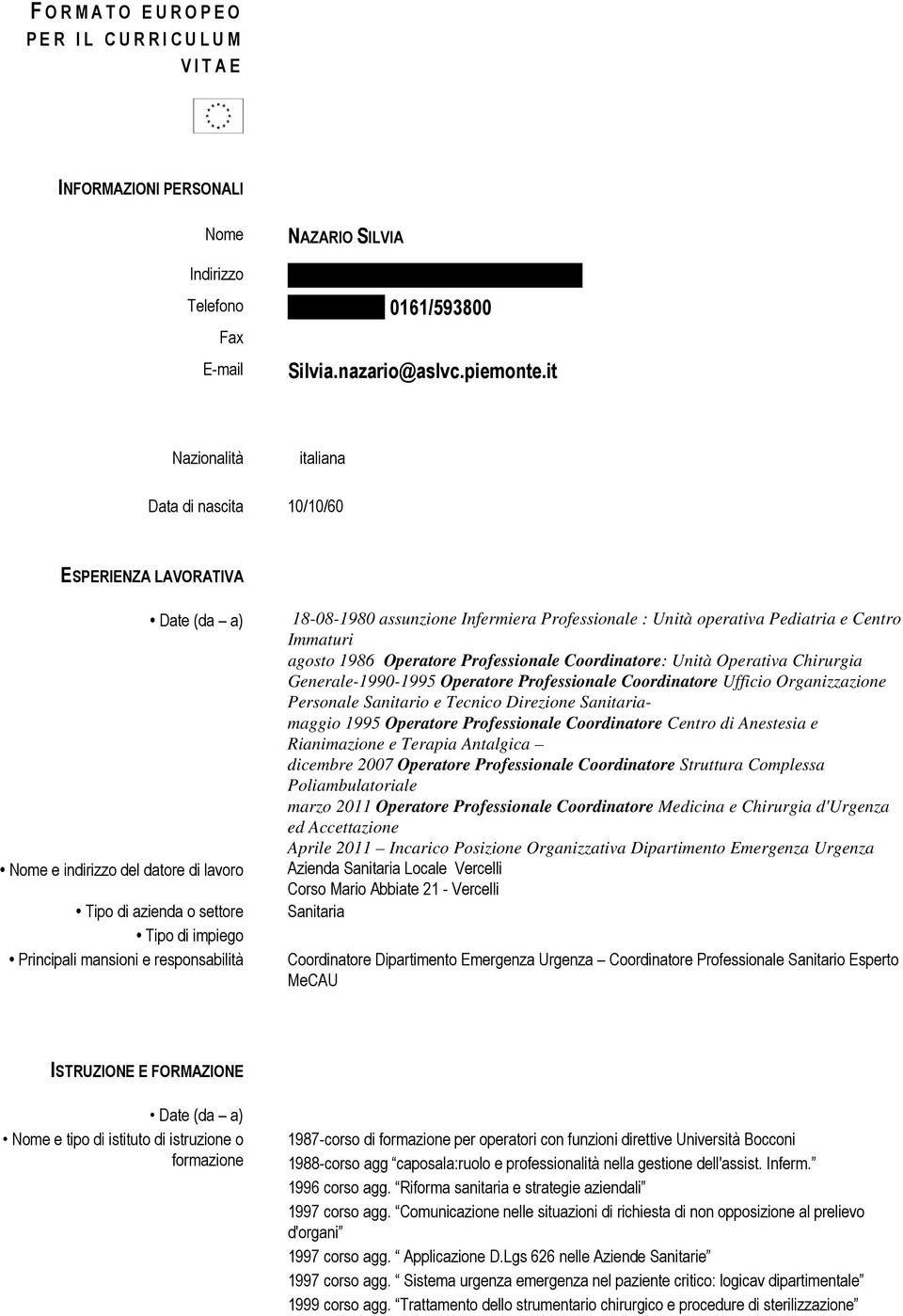 it Nazionalità italiana Data di nascita 10/10/60 ESPERIENZA LAVORATIVA Date (da a) Nome e indirizzo del datore di lavoro Tipo di azienda o settore Tipo di impiego Principali mansioni e responsabilità