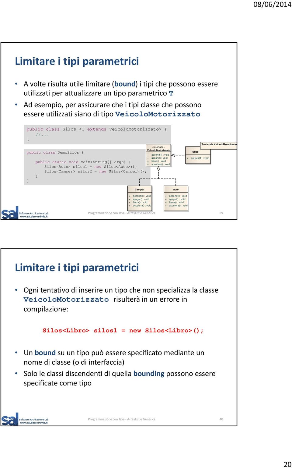 .. public class DemoSilos { Silos<Auto> silos1 = new Silos<Auto>(); Silos<Camper> silos2 = new Silos<Camper>(); «interface» VeicoloMotorizzato + accendi() : void + spegni() : void + frena() : void +