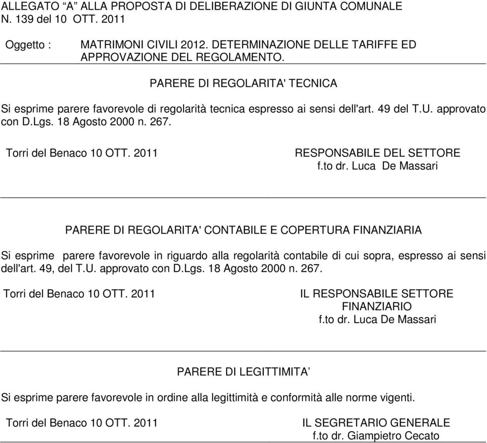 2011 RESPONSABILE DEL SETTORE f.to dr.