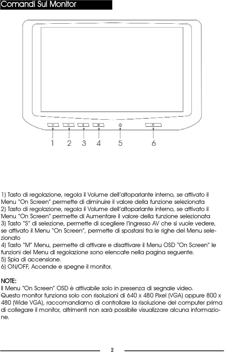 ingresso AV che si vuole vedere, se attivato il Menu On Screen, permette di spostarsi fra le righe del Menu selezionato 4) Tasto M Menu, permette di attivare e disattivare il Menu OSD On Screen le