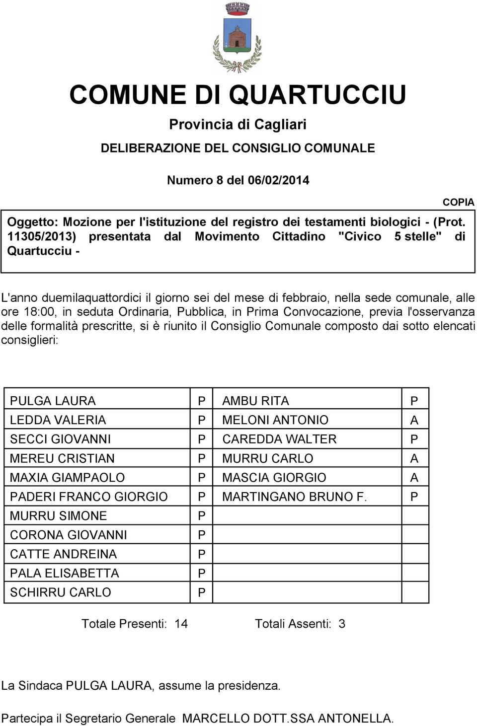 Ordinaria, ubblica, in rima Convocazione, previa l'osservanza delle formalità prescritte, si è riunito il Consiglio Comunale composto dai sotto elencati consiglieri: ULGA LAURA LEDDA VALERIA SECCI