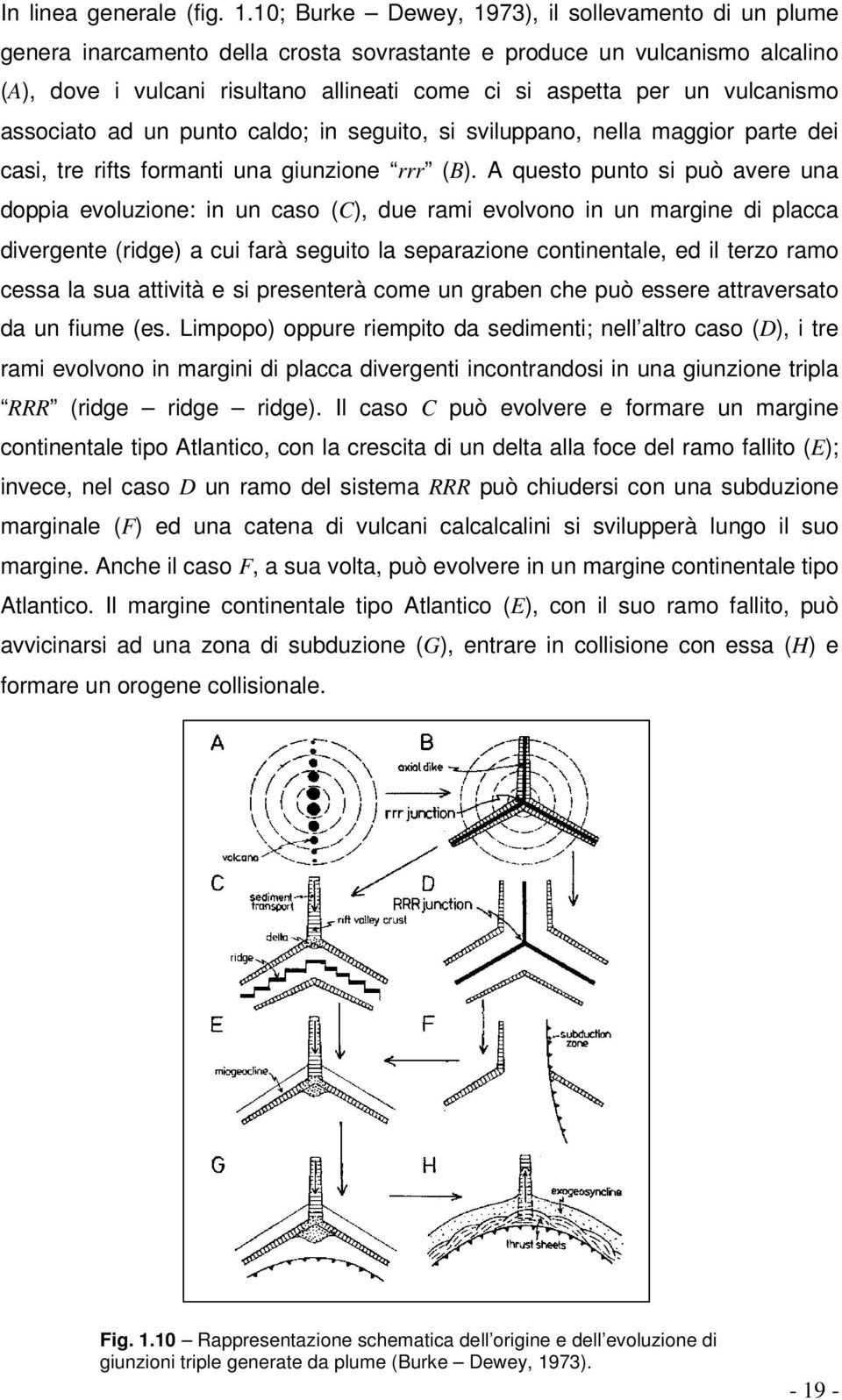 vulcanismo associato ad un punto caldo; in seguito, si sviluppano, nella maggior parte dei casi, tre rifts formanti una giunzione rrr (B).