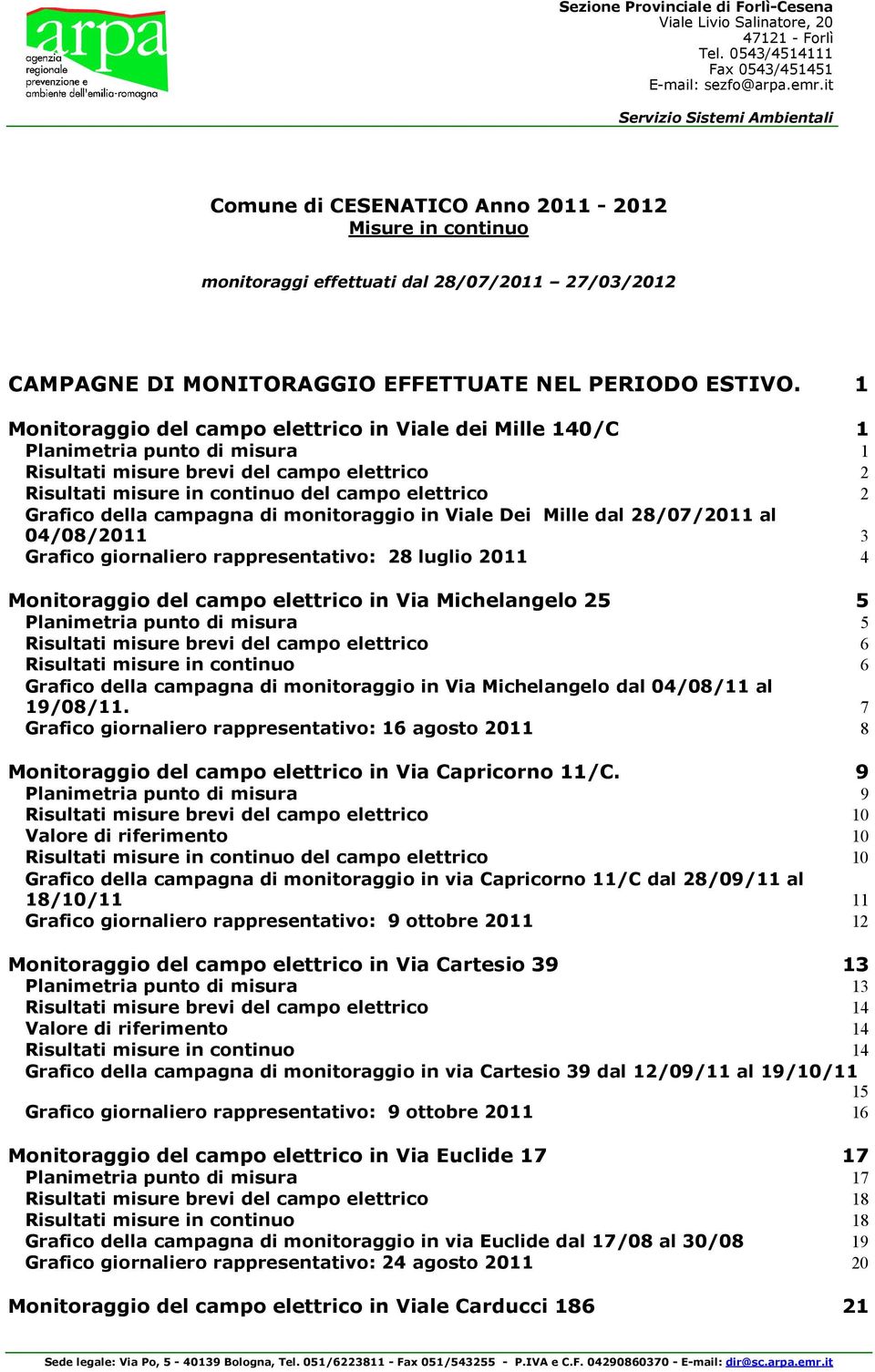 1 Monitoraggio del campo elettrico in Viale dei Mille 140/C 1 Planimetria punto di misura 1 Risultati misure brevi del campo elettrico 2 Risultati misure in continuo del campo elettrico 2 Grafico