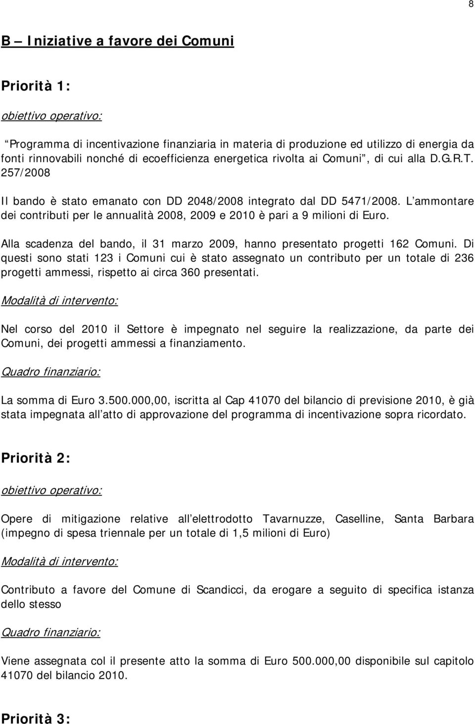 Alla scadenza del bando, il 31 marzo 2009, hanno presentato progetti 162 Comuni.