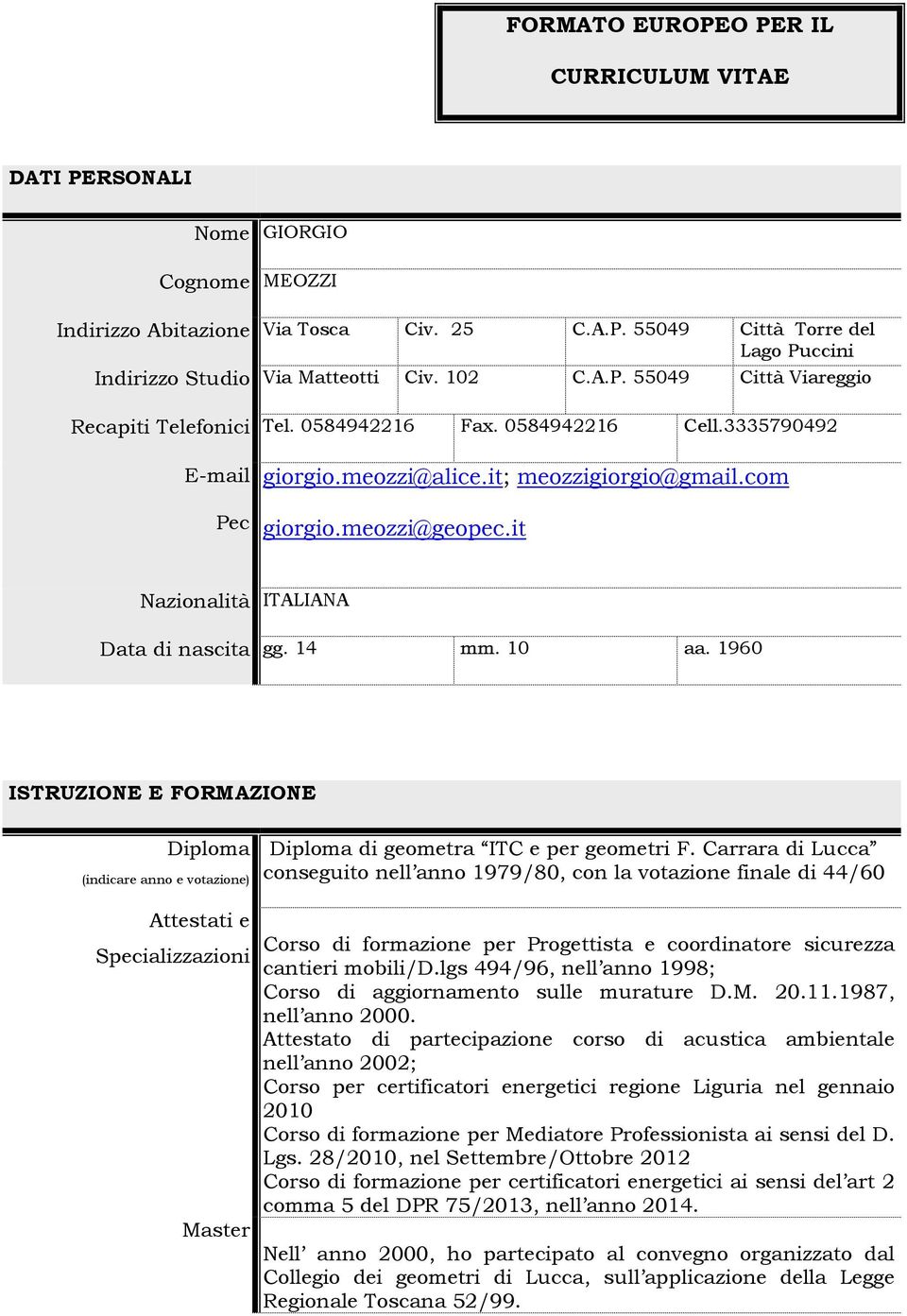 it Nazionalità ITALIANA Data di nascita gg. 14 mm. 10 aa. 1960 ISTRUZIONE E FORMAZIONE Diploma (indicare anno e votazione) Attestati e Specializzazioni Master Diploma di geometra ITC e per geometri F.