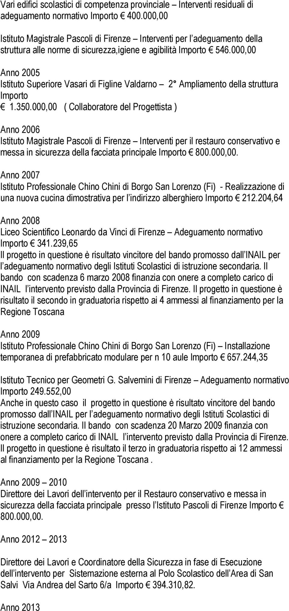 000,00 Anno 2005 Istituto Superiore Vasari di Figline Valdarno 2 Ampliamento della struttura Importo 1.350.