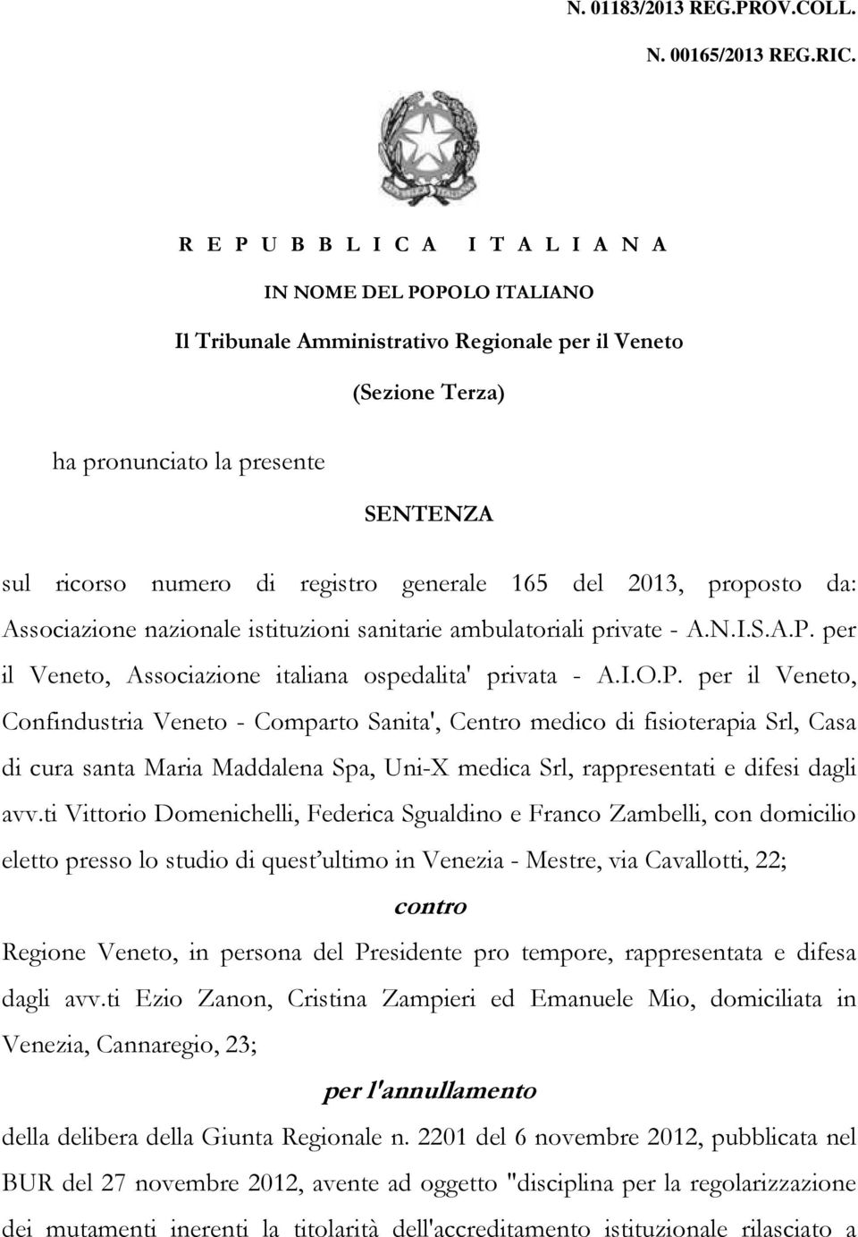 generale 165 del 2013, proposto da: Associazione nazionale istituzioni sanitarie ambulatoriali private - A.N.I.S.A.P.