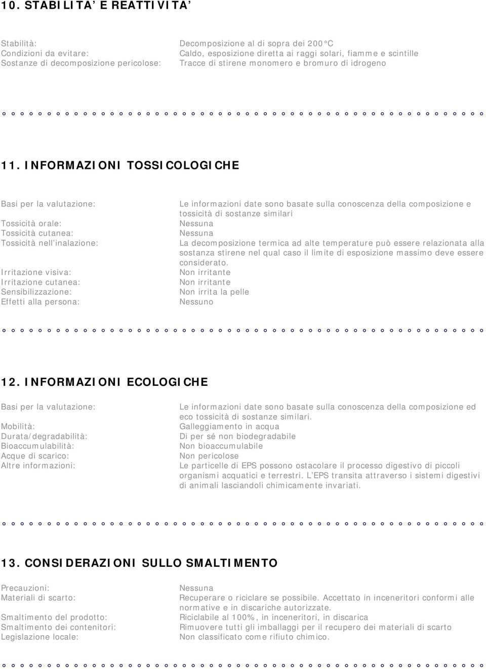 INFORMAZIONI TOSSICOLOGICHE Basi per la valutazione: Tossicità orale: Tossicità cutanea: Tossicità nell inalazione: Irritazione visiva: Irritazione cutanea: Sensibilizzazione: Effetti alla persona: