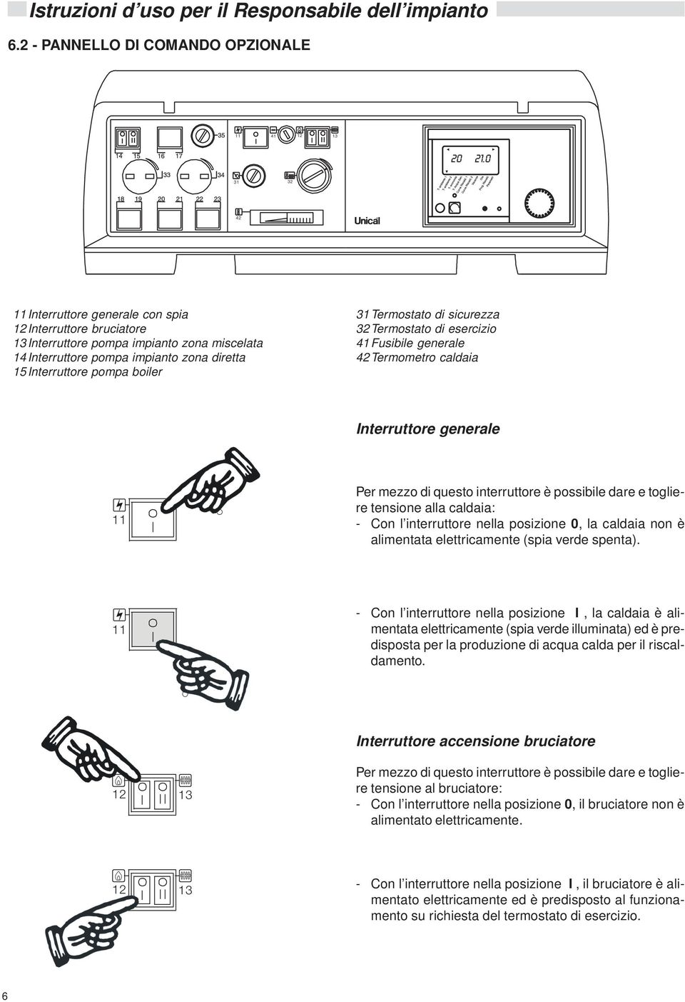 31Termostato di sicurezza 32Termostato di esercizio 41Fusibile generale 42Termometro caldaia nterruttore generale 11 Per mezzo di questo interruttore è possibile dare e togliere tensione alla