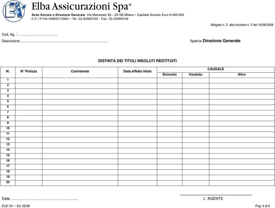 N Polizza Contraente Data effetto titolo 1 2 3 4 5 6 7 8 9 10 11 12 13 14 15