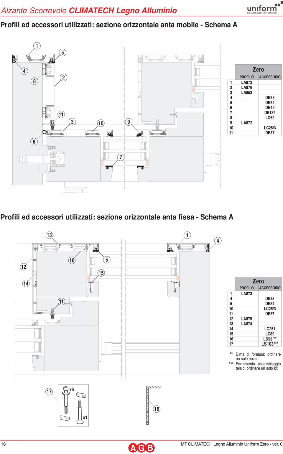 sezione orizzontale anta fissa - Schema A 13 1 4 12 14 12 3,5x40 11 10 15 5 Zero PROFILO ACCESSORIO 1 LA873 4 DE38 5 DE34 10 LC26/3 11 DE37 12 LA875 13