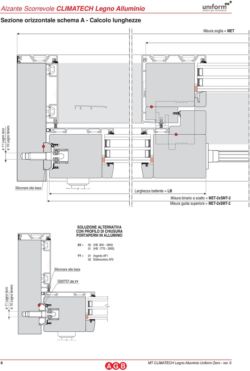 guida superiore = MET-2xSMT-2 SOLUZIONE ALTERNATIVA CON PROFILO DI CHIUSURA PORTAPERNI IN ALLUMINIO XX = 00 (HB 800-1800)