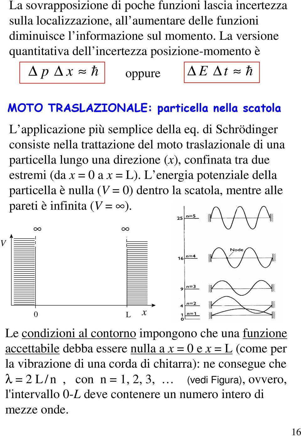 di Schrödinger consiste nella trattazione del moto traslazionale di una particella lungo una direzione (x), confinata tra due estremi (da x = 0 a x = L).