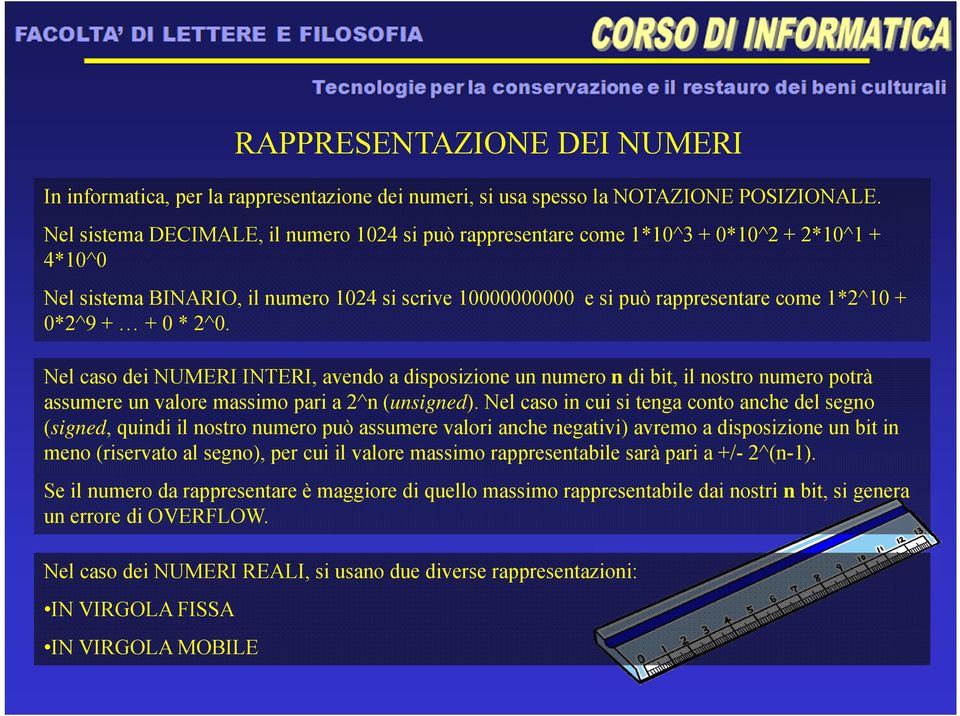 + 0 * 2^0. Nel caso dei NUMERI INTERI, avendo a disposizione un numero n di bit, il nostro numero potrà assumere un valore massimo pari a 2^n (unsigned).