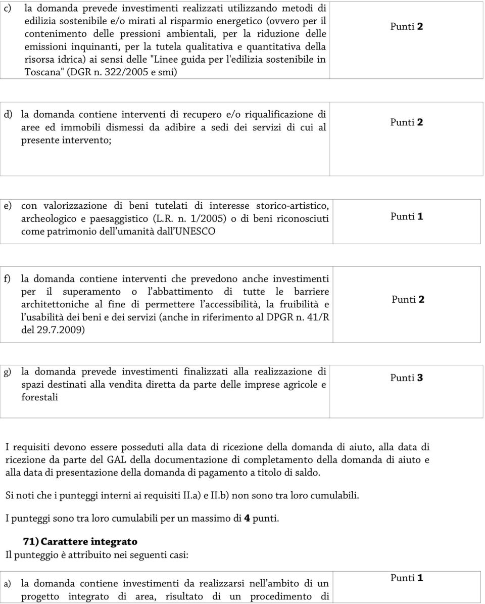 322/2005 e smi) Punti 2 d) la domanda contiene interventi di recupero e/o riqualificazione di aree ed immobili dismessi da adibire a sedi dei servizi di cui al presente intervento; Punti 2 e) con