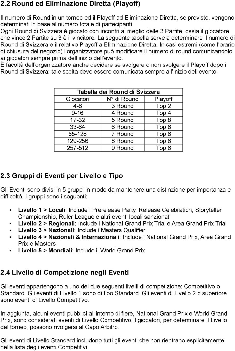 La seguente tabella serve a determinare il numero di Round di Svizzera e il relativo Playoff a Eliminazione Diretta.