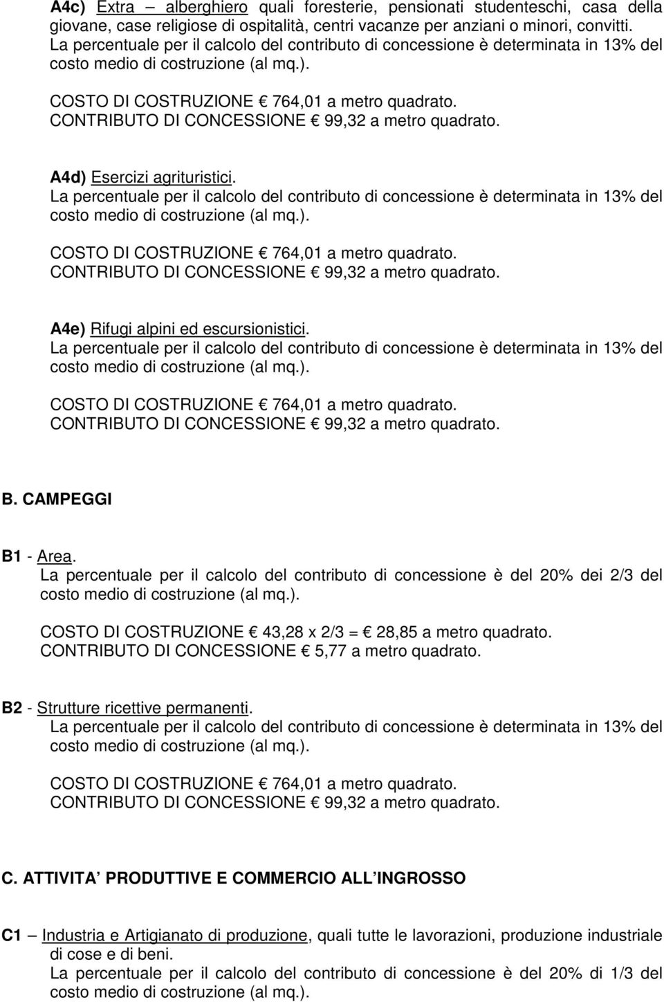 COSTO DI COSTRUZIONE 43,28 x 2/3 = 28,85 a metro quadrato. CONTRIBUTO DI CONCESSIONE 5,77 a metro quadrato.