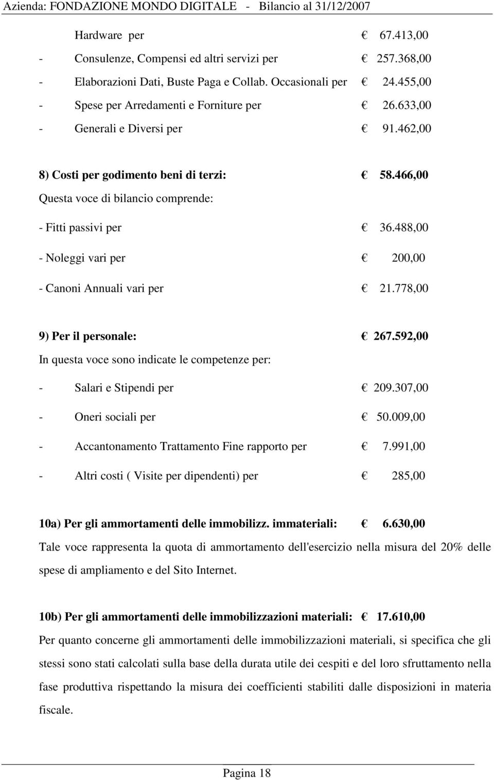 488,00 - Noleggi vari per 200,00 - Canoni Annuali vari per 21.778,00 9) Per il personale: 267.592,00 In questa voce sono indicate le competenze per: - Salari e Stipendi per 209.