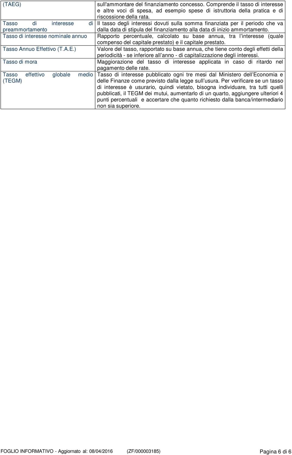 Tasso di interesse nominale annuo Rapporto percentuale, calcolato su base annua, tra l interesse (quale compenso del capitale prestato) e il capitale prestato. Tasso Annuo Ef