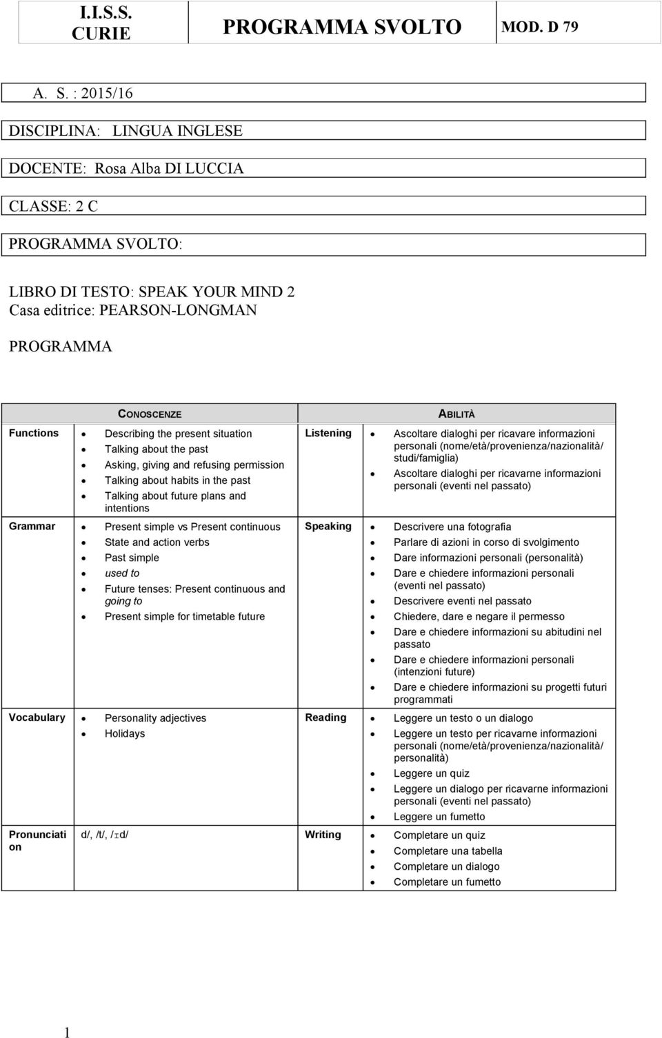 : 2015/16 DISCIPLINA: LINGUA INGLESE DOCENTE: Rosa Alba DI LUCCIA CLASSE: 2 C PROGRAMMA SVOLTO: LIBRO DI TESTO: SPEAK YOUR MIND 2 Casa editrice: PEARSON-LONGMAN PROGRAMMA Functions Describing the