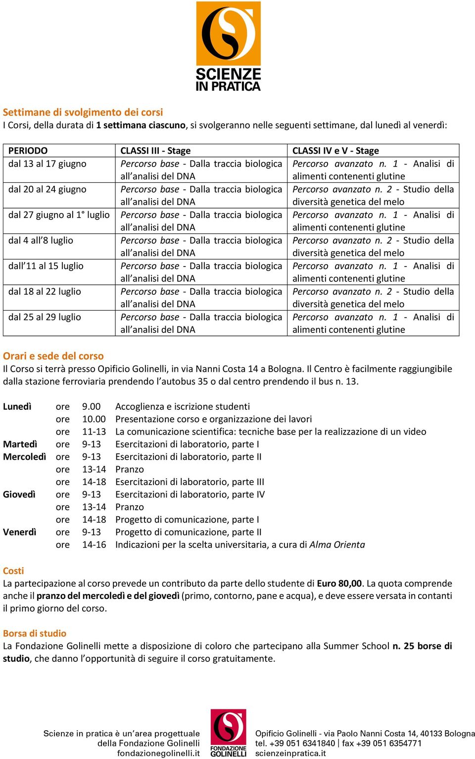 2 - Studio della dal 27 giugno al 1 luglio Percorso base - Dalla traccia biologica Percorso avanzato n. 1 - Analisi di dal 4 all 8 luglio Percorso base - Dalla traccia biologica Percorso avanzato n.