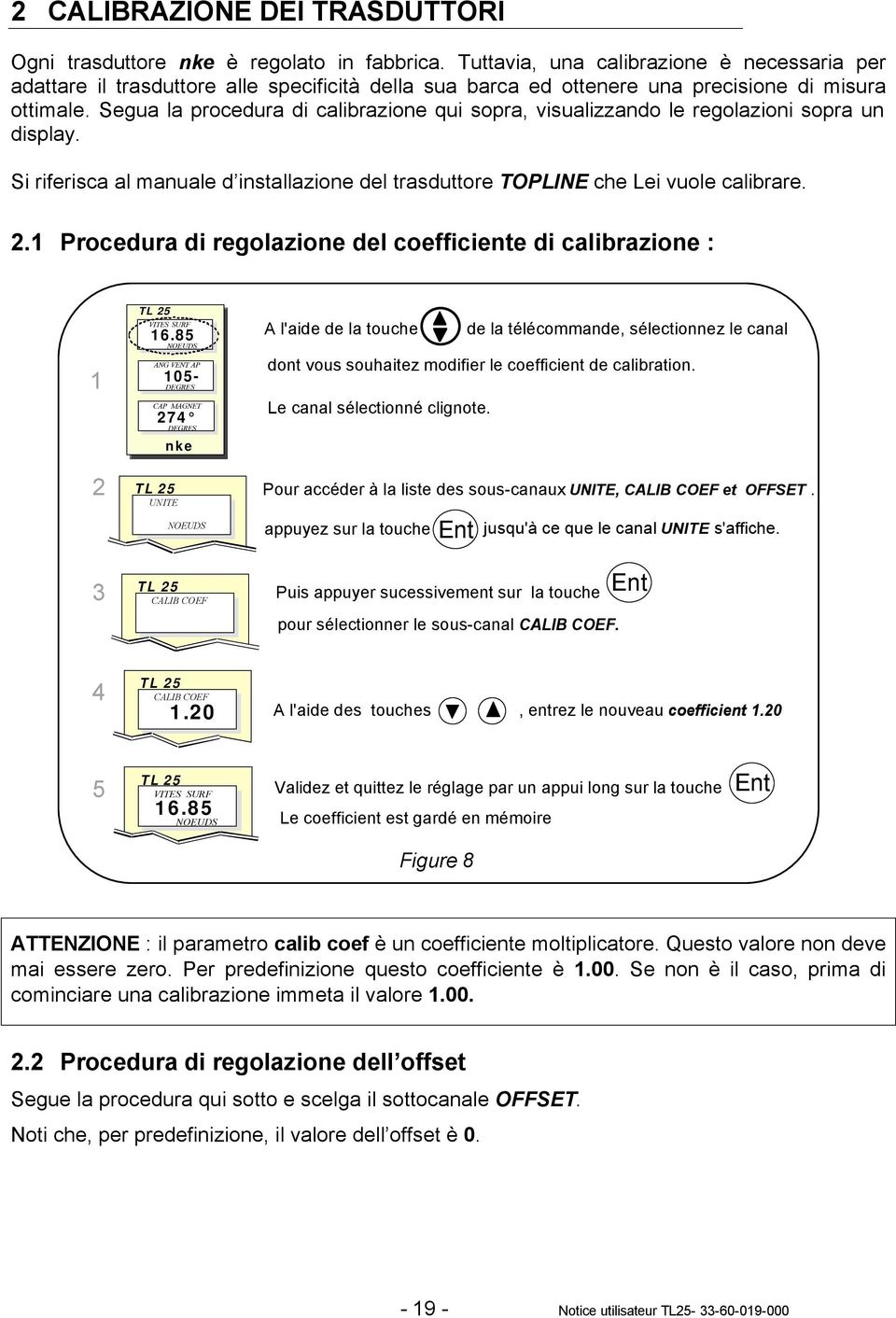 Segua la procedura di calibrazione qui sopra, visualizzando le regolazioni sopra un display. Si riferisca al manuale d installazione del trasduttore TOPLINE che Lei vuole calibrare. 2.