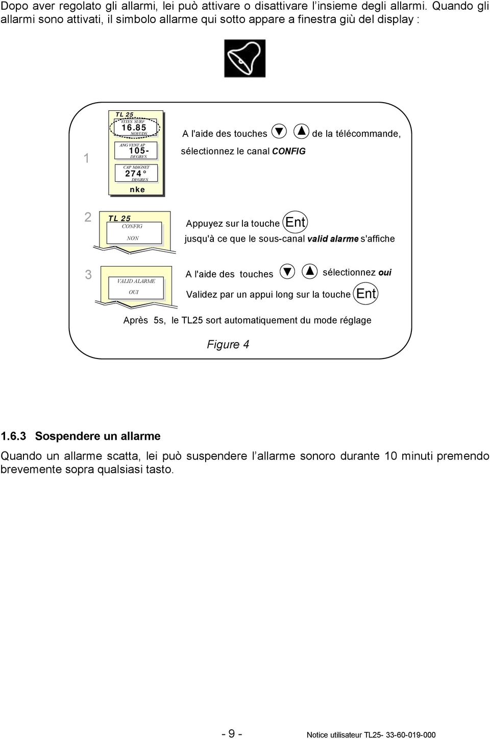 de la télécommande, 2 Appuyez sur la touche CONFIG NON jusqu'à ce que le sous-canal valid alarme s'affiche 3 VALID ALARME OUI A l'aide des touches sélectionnez oui Validez par un