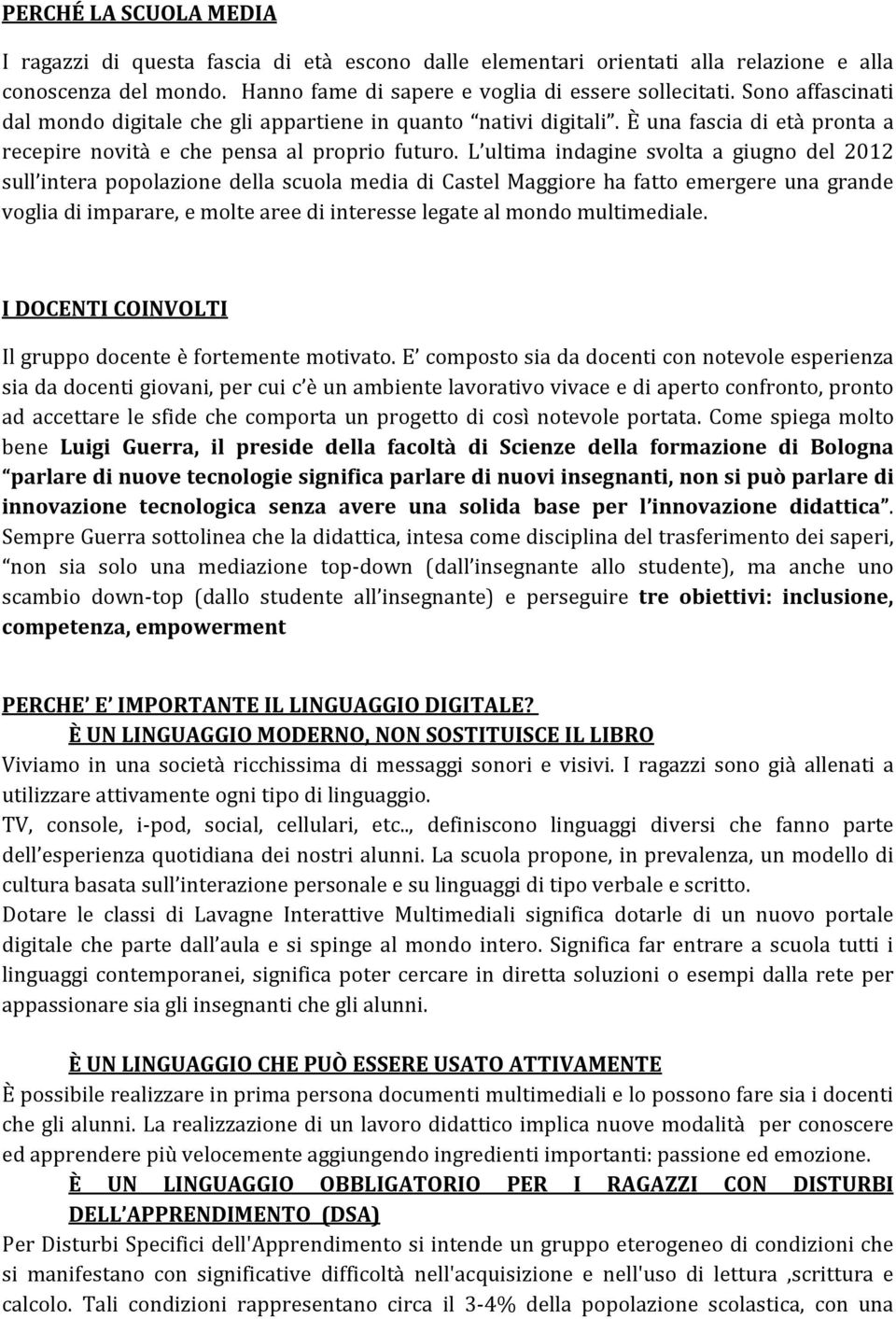 L ultima indagine svolta a giugno del 2012 sull intera popolazione della scuola media di Castel Maggiore ha fatto emergere una grande voglia di imparare, e molte aree di interesse legate al mondo