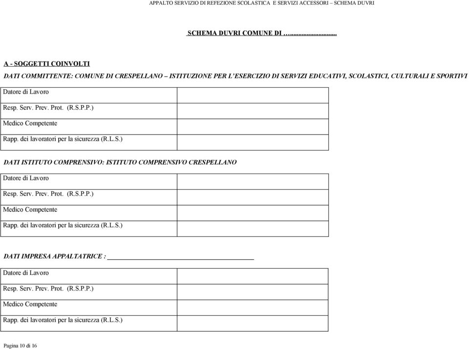 di Lavoro Resp. Serv. Prev. Prot. (R.S.P.P.) Medico Competente Rapp. dei lavoratori per la sicurezza (R.L.S.) DATI ISTITUTO COMPRENSIVO: ISTITUTO COMPRENSIVO CRESPELLANO Datore di Lavoro Resp.