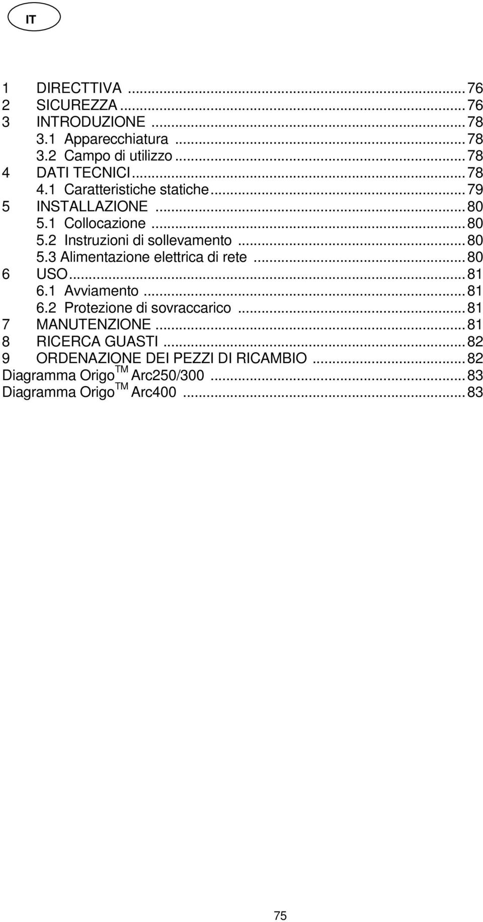 ..80 6 USO...81 6.1 Avviamento...81 6.2 Protezione di sovraccarico...81 7 MANUTENZIONE...81 8 RICERCA GUASTI.