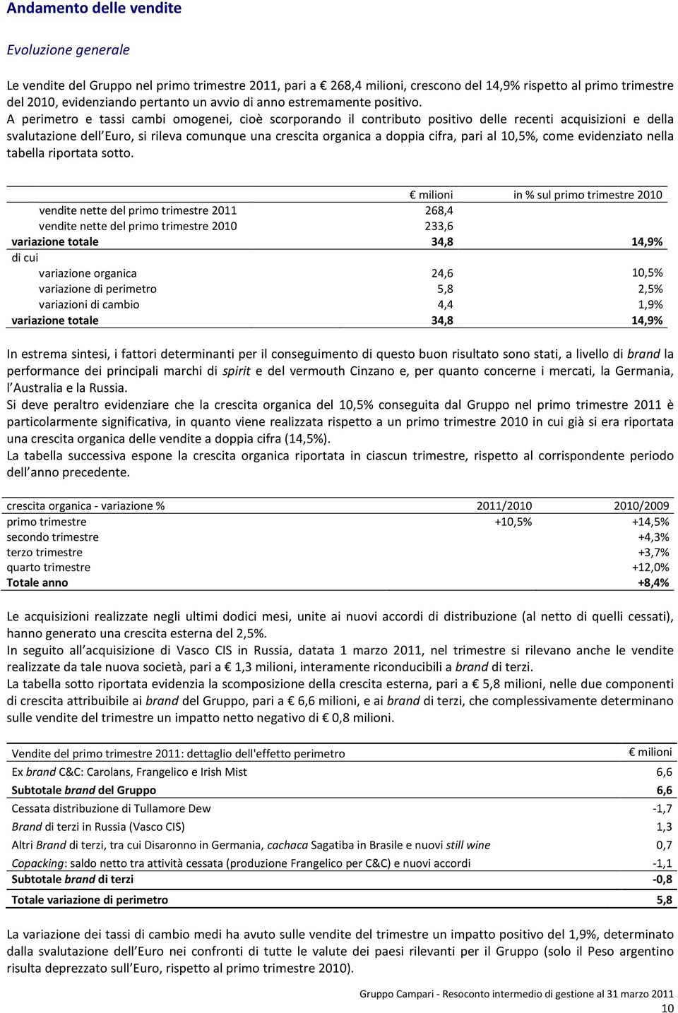 A perimetro e tassi cambi omogenei, cioè scorporando il contributo positivo delle recenti acquisizioni e della svalutazione dell Euro, si rileva comunque una crescita organica a doppia cifra, pari al