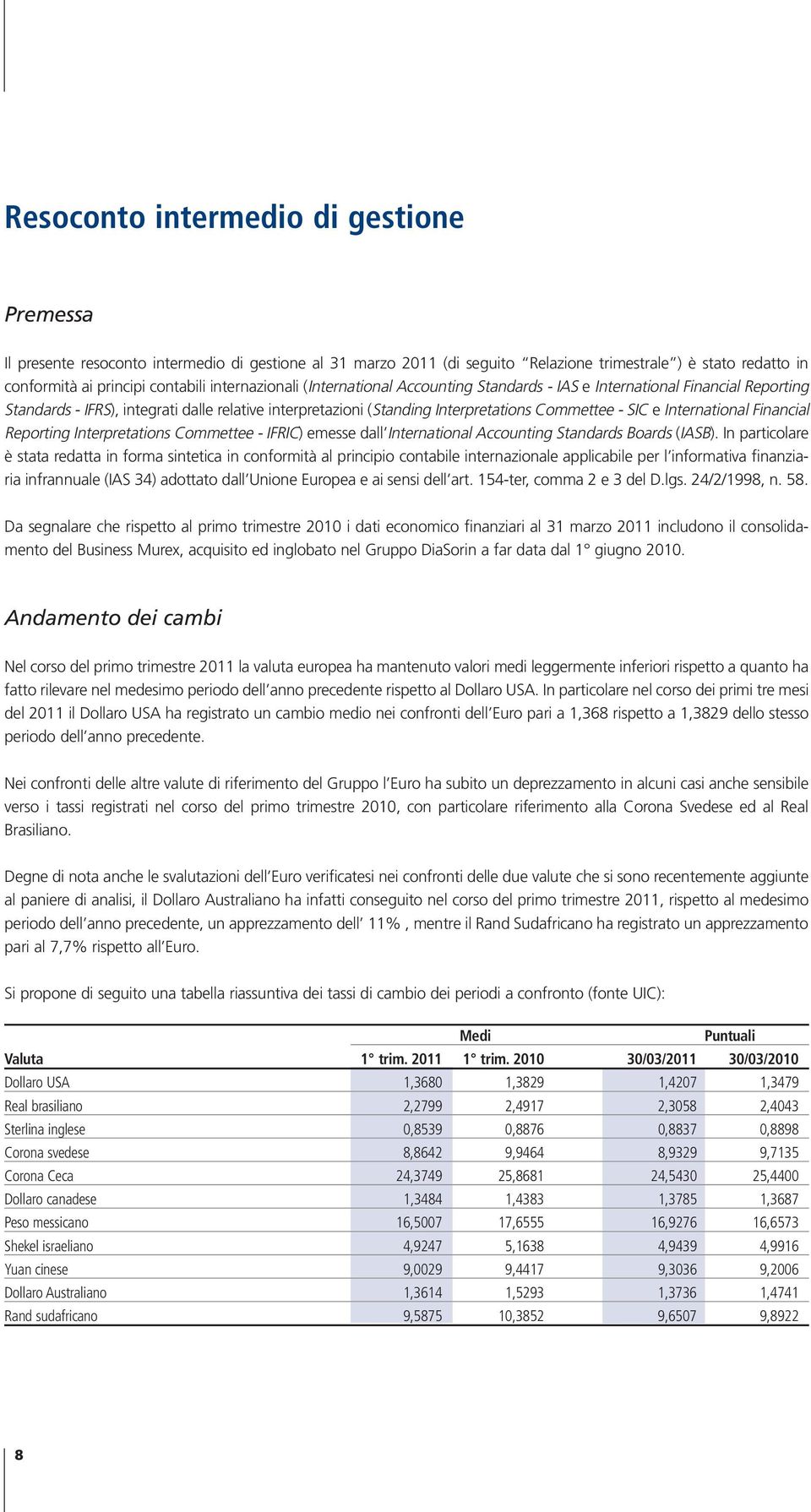 International Financial Reporting Interpretations Commettee - IFRIC) emesse dall International Accounting Standards Boards (IASB).