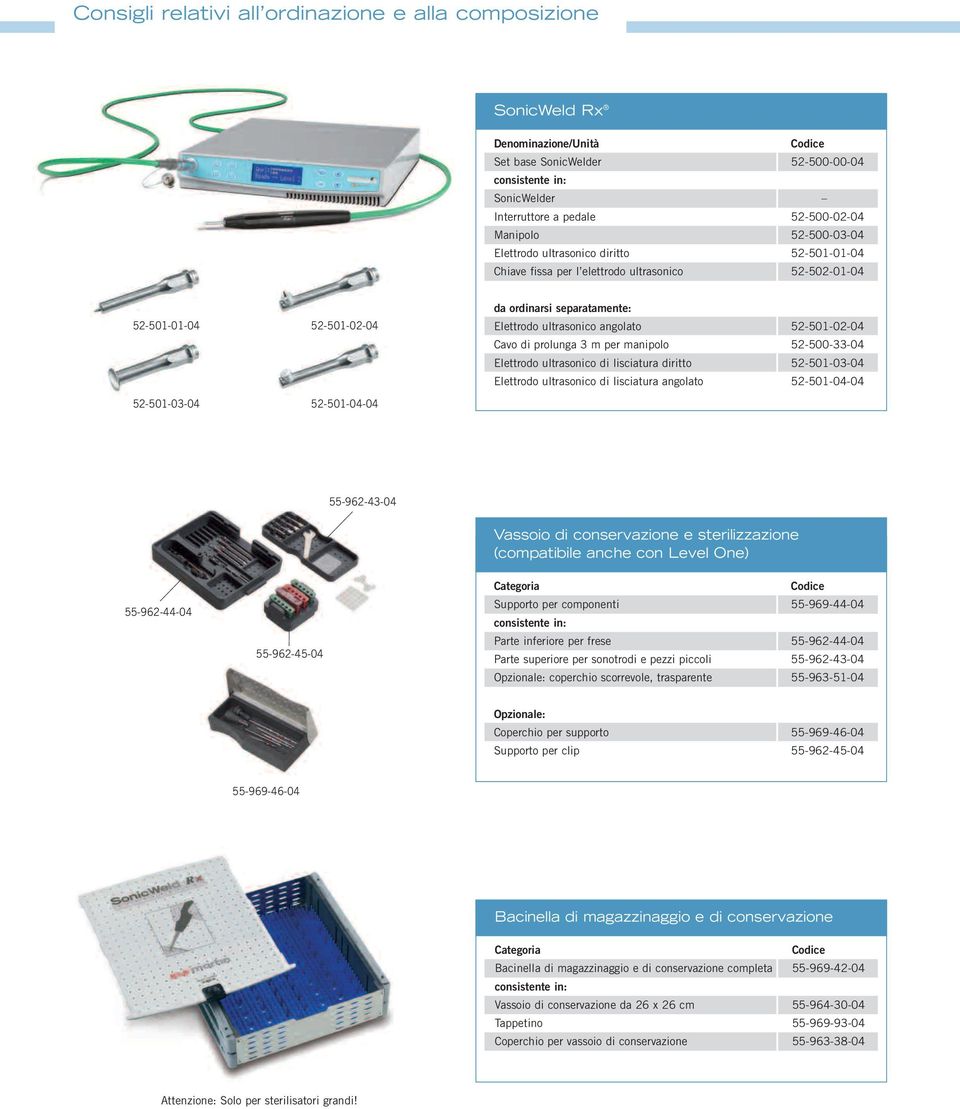 ultrasonico angolato 52-50-02-04 Cavo di prolunga 3 m per manipolo 52-500-33-04 Elettrodo ultrasonico di lisciatura diritto 52-50-03-04 Elettrodo ultrasonico di lisciatura angolato 52-50-04-04