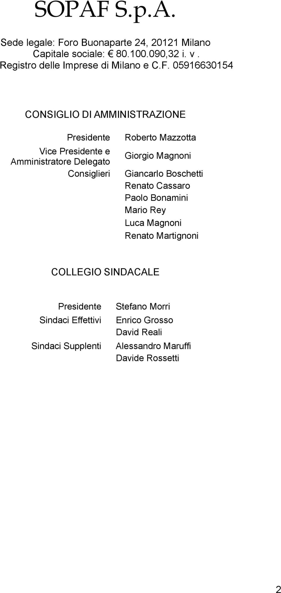 05916630154 CONSIGLIO DI AMMINISTRAZIONE Presidente Vice Presidente e Amministratore Delegato Consiglieri Roberto Mazzotta