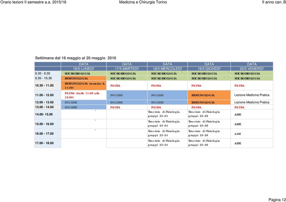 00 IMMUNOLOGIA (termine h. 11:30) PAUSA PAUSA PAUSA PAUSA 11.00-12.00 PAUSA (dalle 11:30 alle 12:00) INGLESE INGLESE IMMUNOLOGIA Lezione Medicina Pratica 12.00-13.