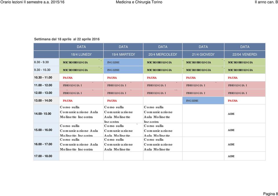 00 FISIOLOGIA I FISIOLOGIA I FISIOLOGIA I FISIOLOGIA I FISIOLOGIA I 13.00-14.00 PAUSA PAUSA INGLESE PAUSA 14.00-15.00 15.00-16.00 16.00-17.